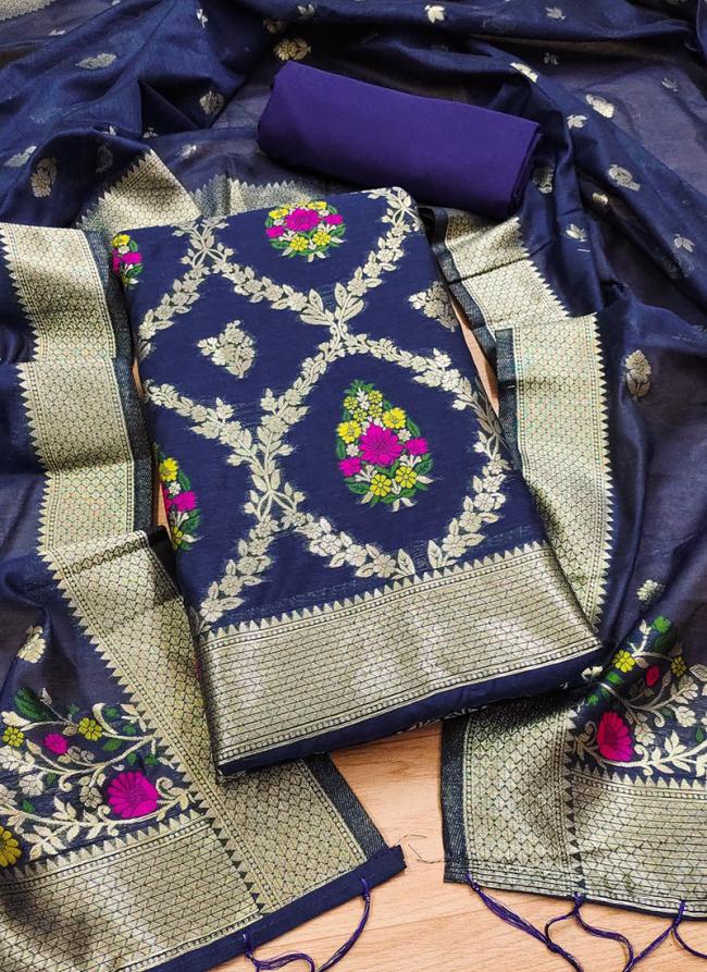 Pure Chanderi Banarasi Silk Blue Festival Wear Embroidery Work Dress Material